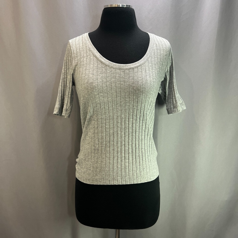 LOFT T Shirt Womens Medium Heather Gray Cotton Super Soft Ribbed Knit Scoop Neck